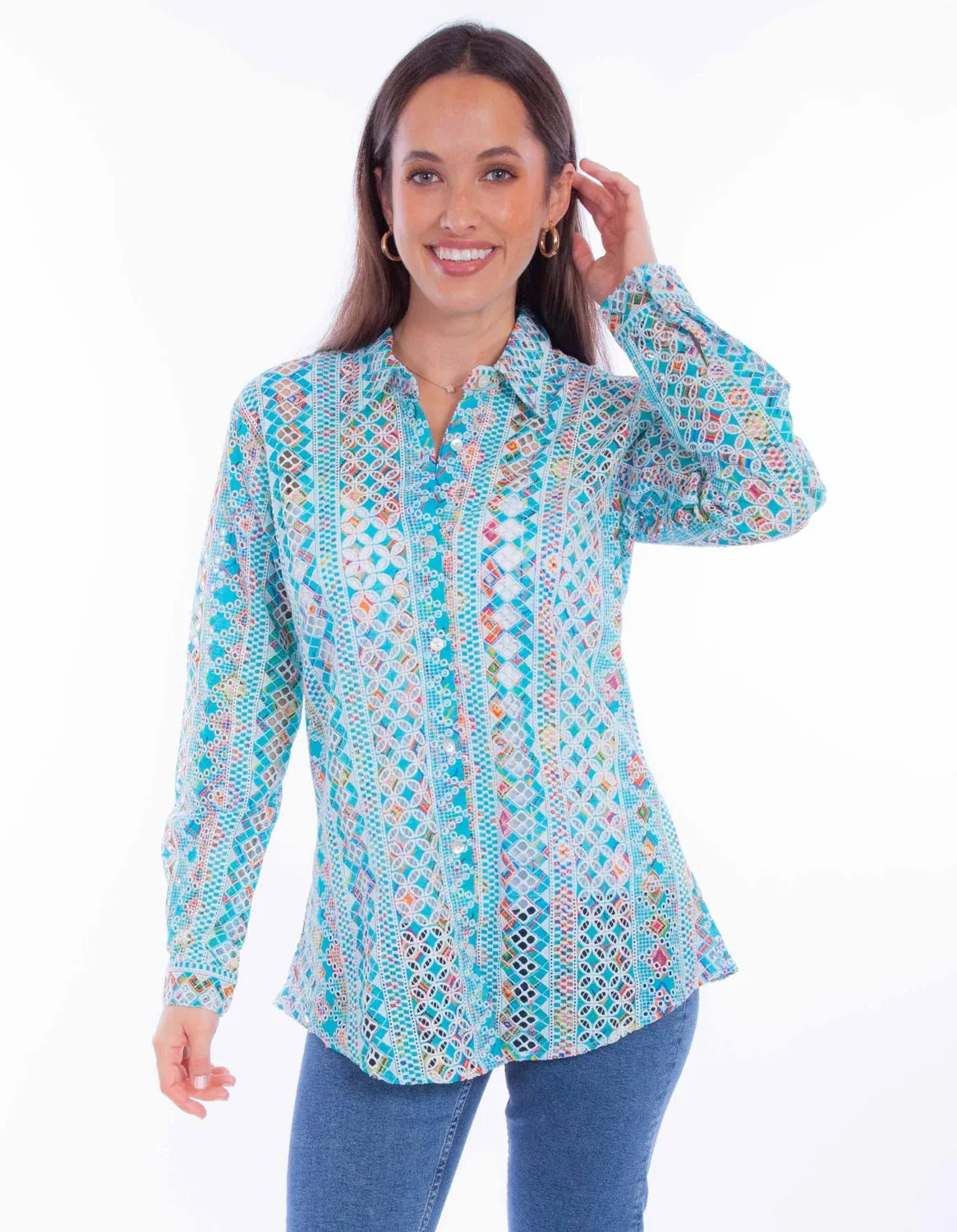 Stylish Design Scully Womens Eyelet Button Turquoise 100% Cotton L/S Blouse
