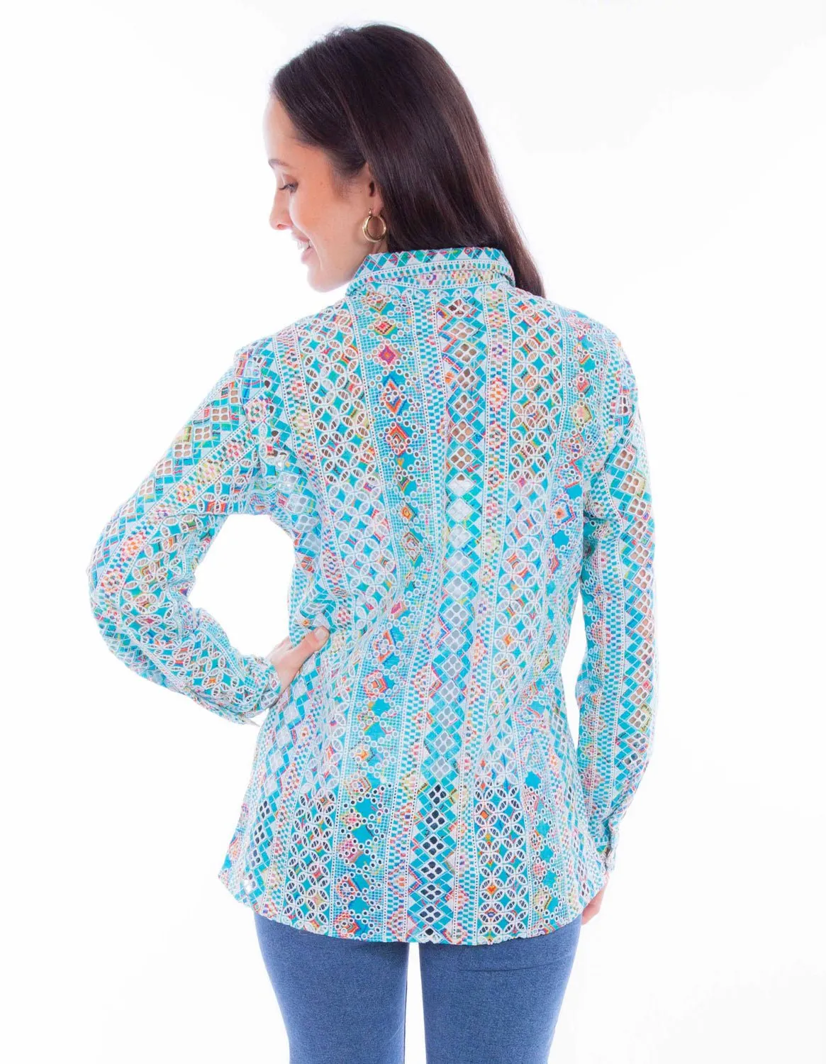 Scully Womens Eyelet Button Turquoise 100% Cotton L/S Blouse Eco-Friendly Choice