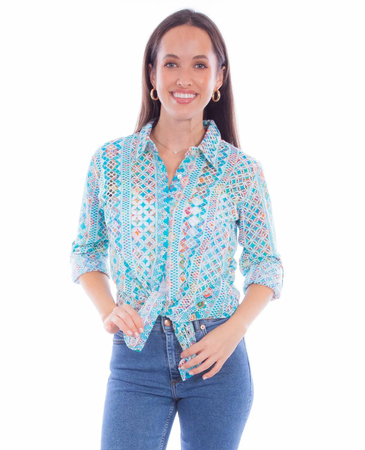 Smart Design Scully Womens Eyelet Button Turquoise 100% Cotton L/S Blouse