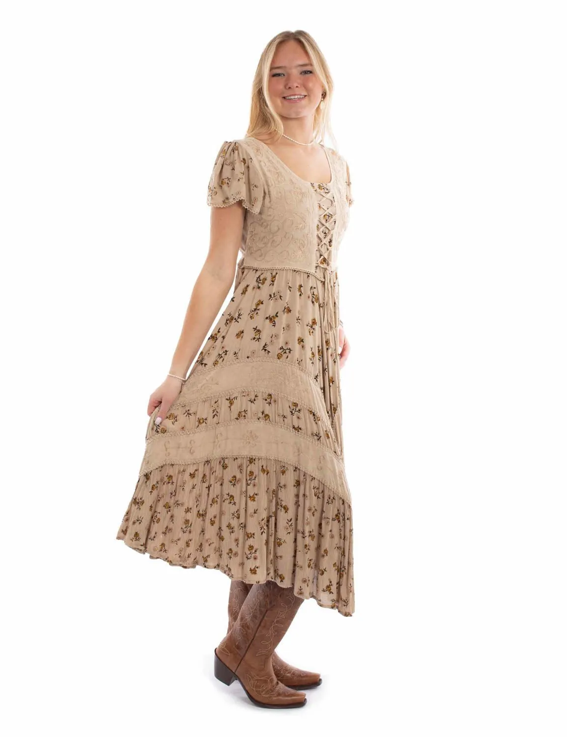 Couple Look Office Wear Base Layer Scully Womens Fabric Lace-Up Tie Sand 100% Rayon S/S Dress