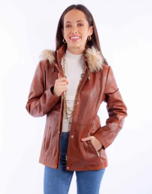 Scully Womens Faux Fur Hooded Brown Leather Leather Jacket Sleek Taper All Season Style Work Meeting Beach Day Scully Womens Faux Fur Hooded Brown Leather Leather Jacket