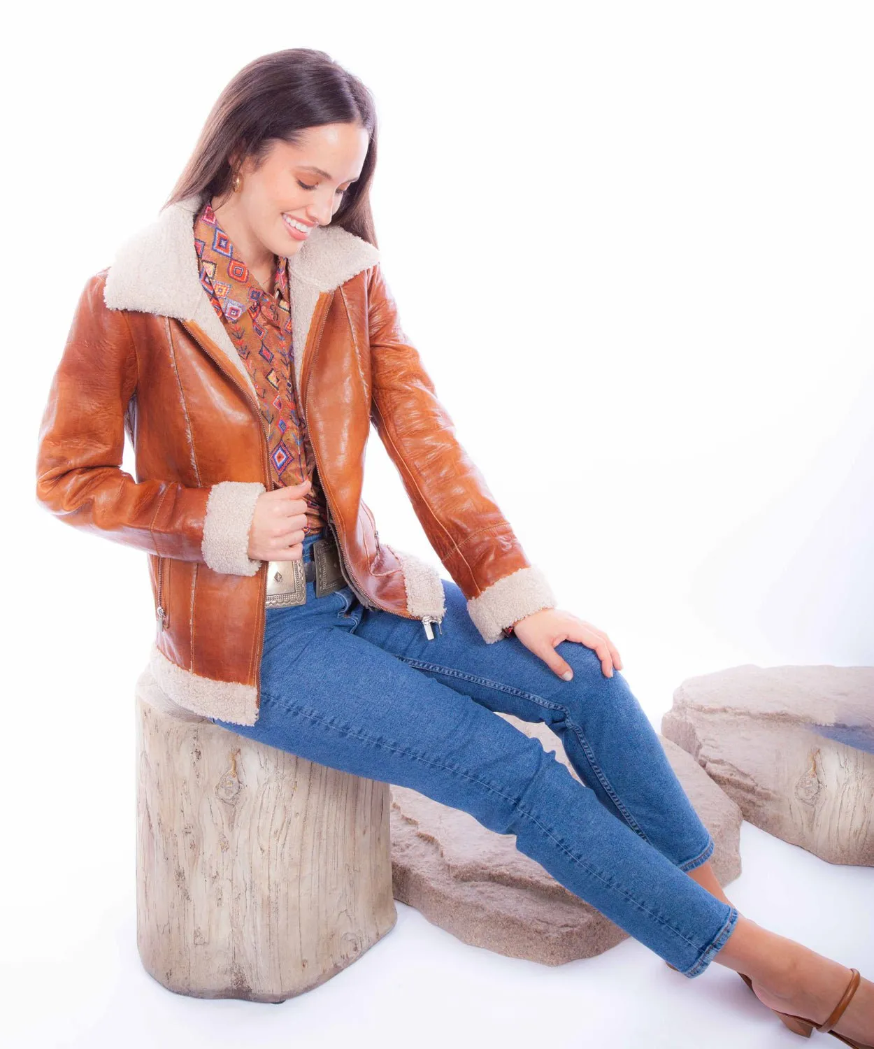 Family Style Parent Style Smart Casual Scully Womens Faux Fur Zip Front Cognac Leather Leather Jacket
