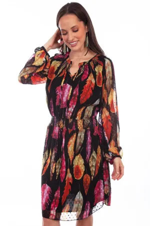 Scully Womens Feather Print Black 100% Polyester L/S Dress Sustainable Manufacturing Youth Style Office Wear Home Comfort Weekend Warrior Scully Womens Feather Print Black 100% Polyester L/S Dress