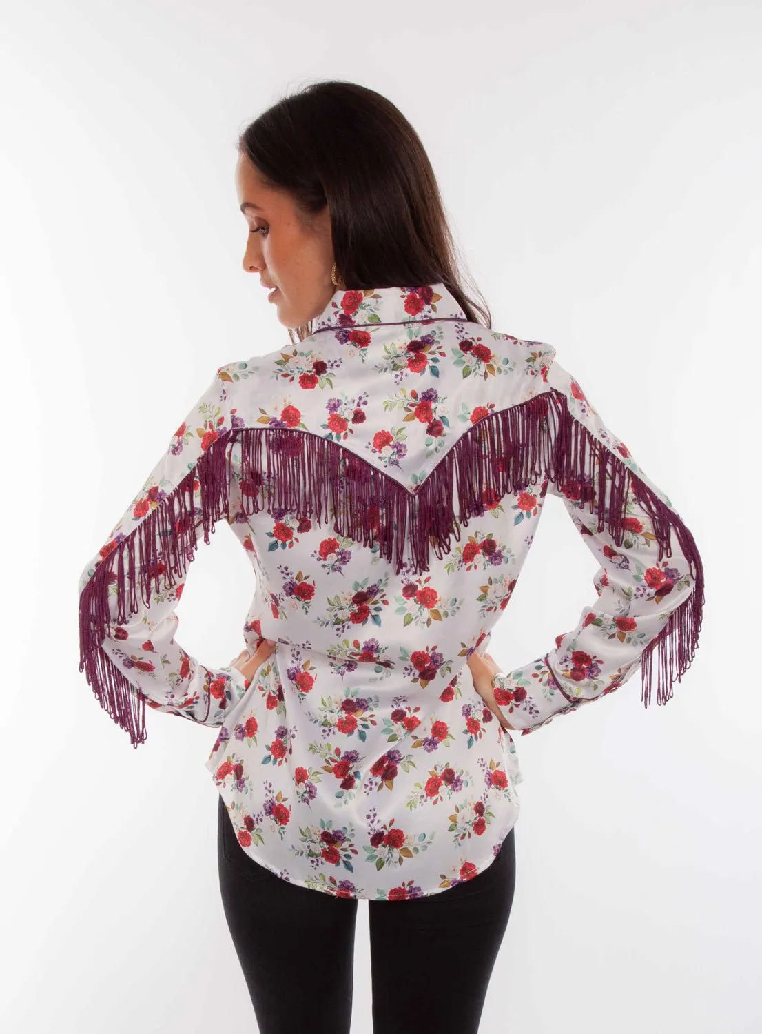 elegant design Scully Womens Floral Fringe White 100% Polyester L/S Blouse
