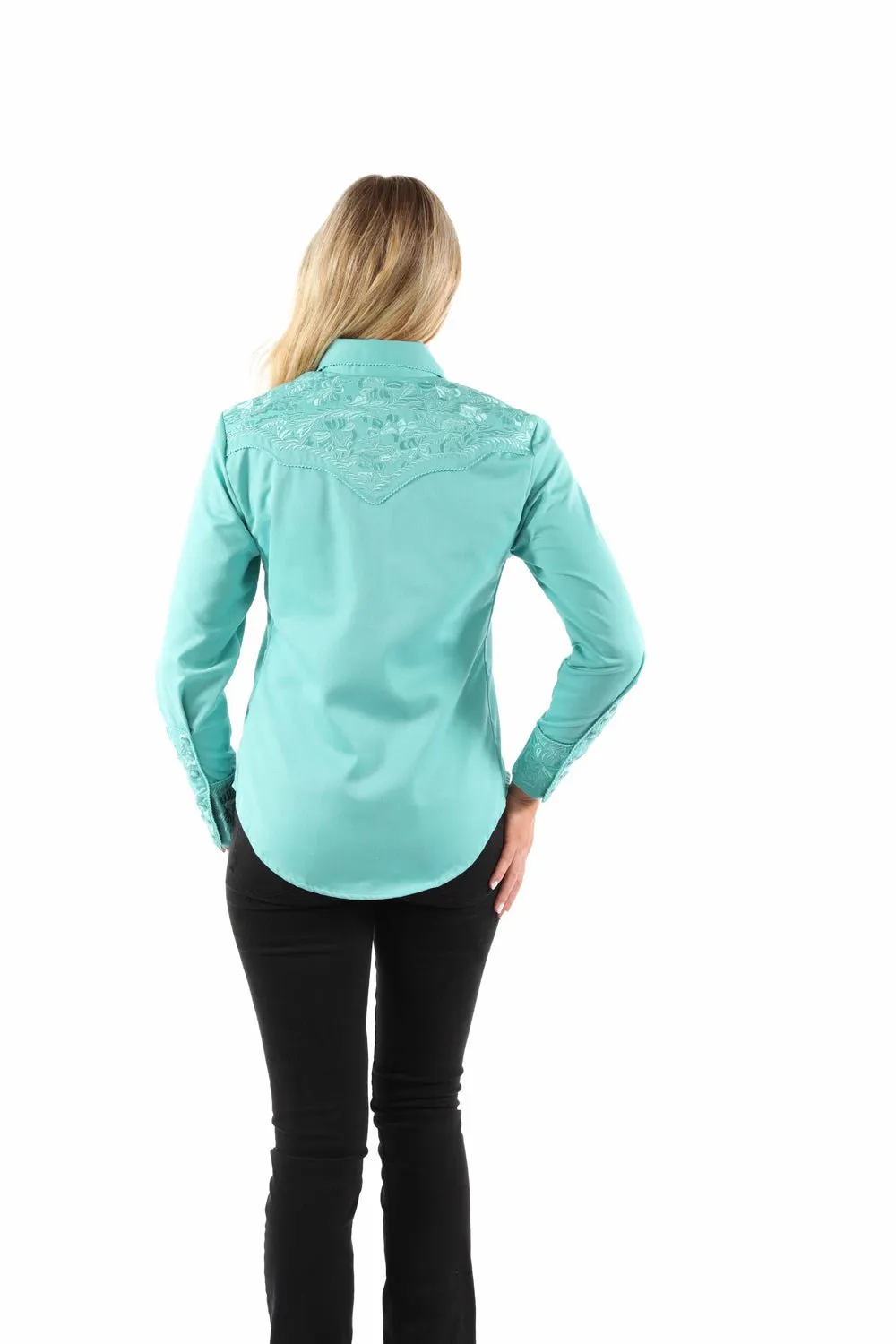 Scully Womens Floral Yoke Embroidery Caribbean Poly/Rayon L/S Shirt Fashion-Forward