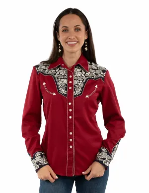 Scully Womens Floral Yoke Embroidery Red/White/Blue Poly/Rayon L/S Shirt Exclusive Design Scully Womens Floral Yoke Embroidery Red/White/Blue Poly/Rayon L/S Shirt Patterned Texture