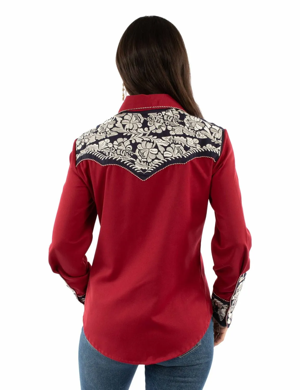 Scully Womens Floral Yoke Embroidery Red/White/Blue Poly/Rayon L/S Shirt comfortable option Subtle Details