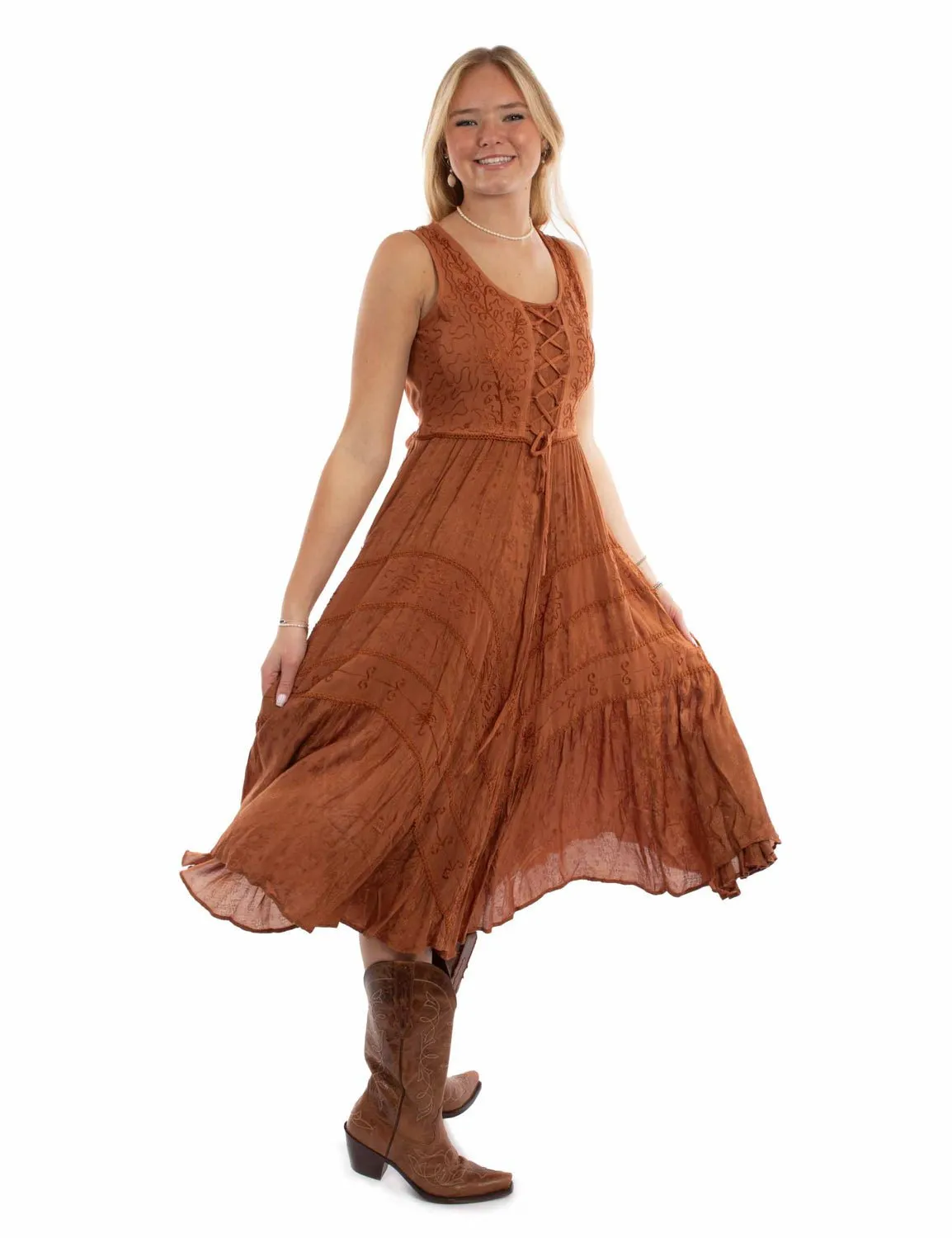 Functional Waistband Couple Look Elegant Summer Vibes Scully Womens Full Length Lace-Up Rust 100% Rayon S/L Dress