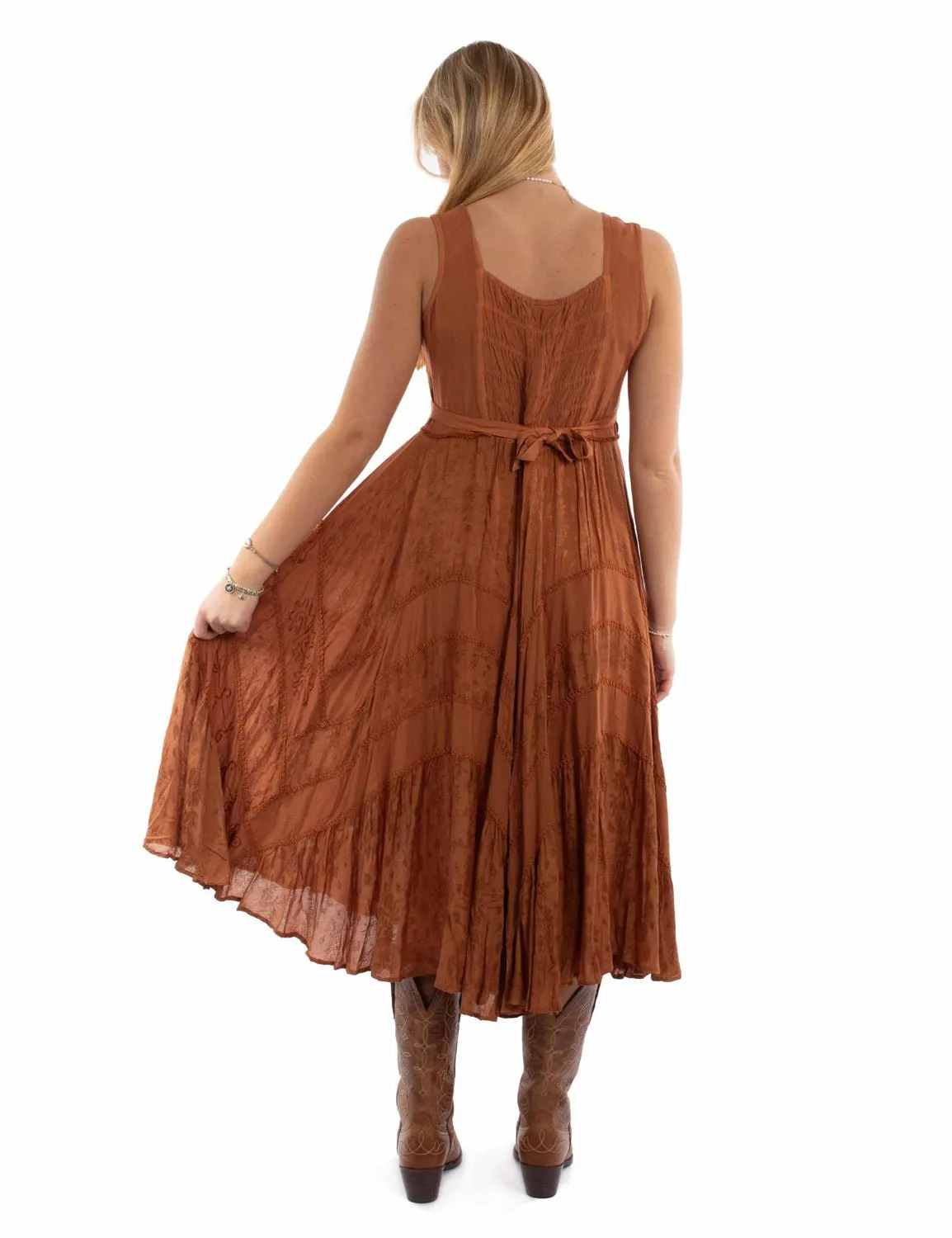 Lightweight Denim Blend Scully Womens Full Length Lace-Up Rust 100% Rayon S/L Dress