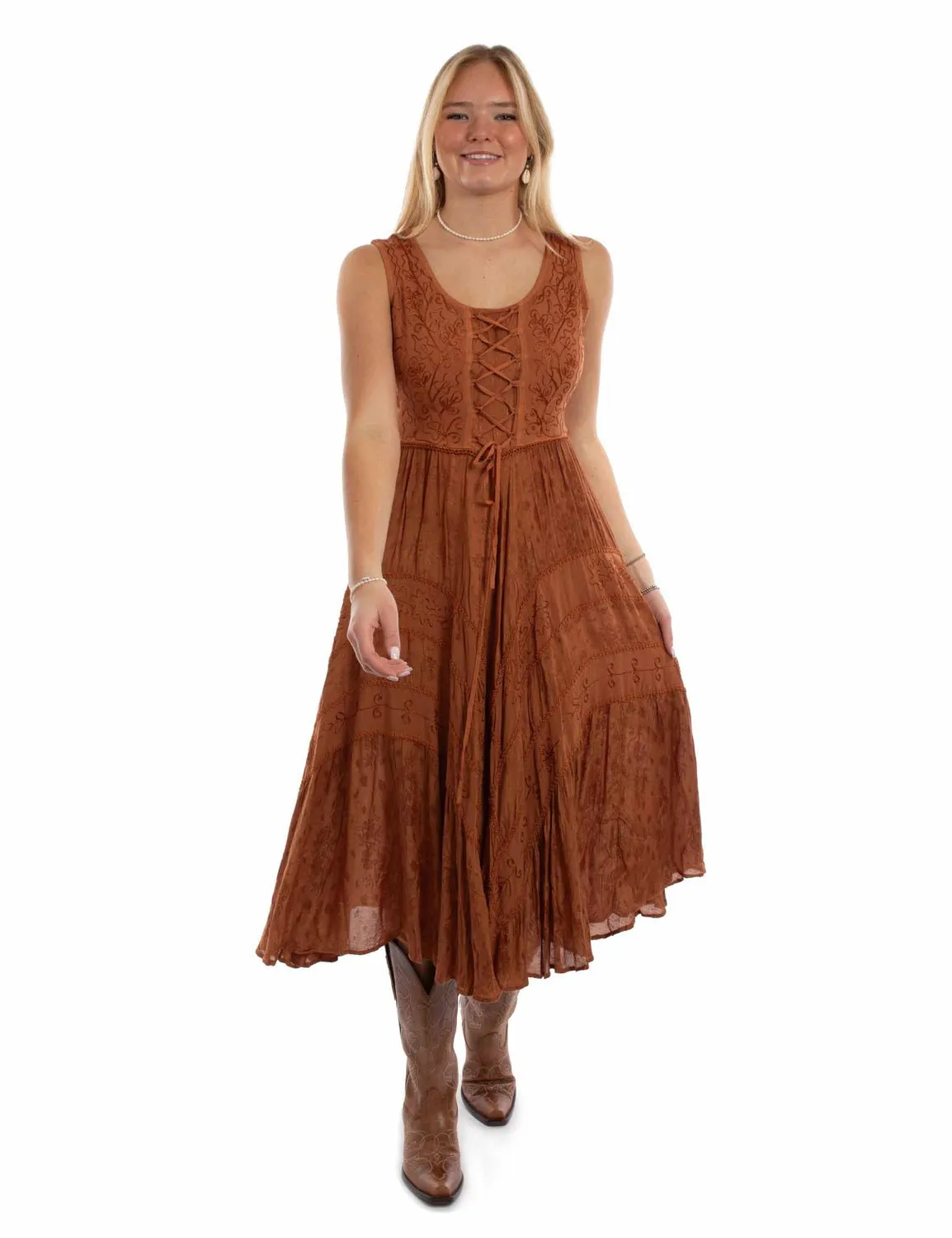 Fashion Lover Durable Minimalist Style Traveler Gear Brunch Outfit Casual Friday Scully Womens Full Length Lace-Up Rust 100% Rayon S/L Dress