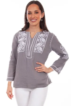 Scully Womens Grey 100% Cotton White Floral S/S Blouse Summer Ready Scully Womens Grey 100% Cotton White Floral S/S Blouse Water Repellent Finish