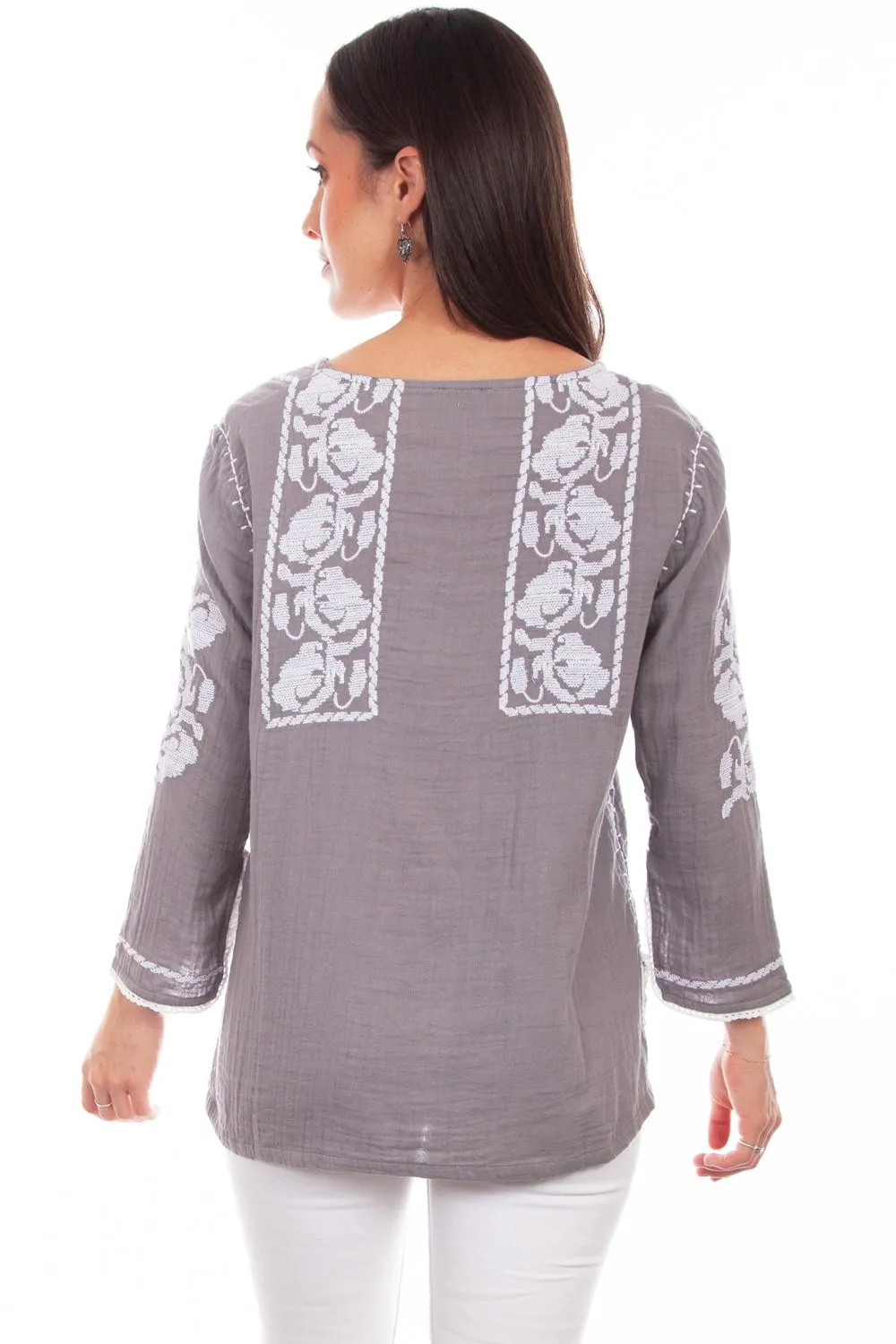 Tear Resistant Reinforcement Scully Womens Grey 100% Cotton White Floral S/S Blouse