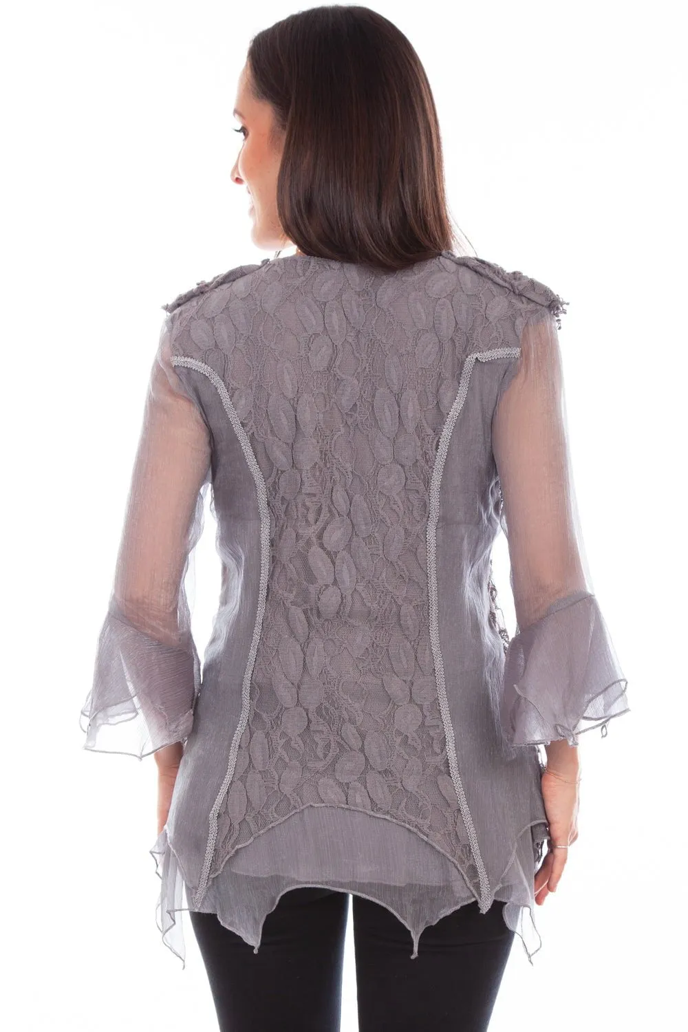 Scully Womens Grey Cotton Blend Double Ruffle S/S Blouse Geometric Shape