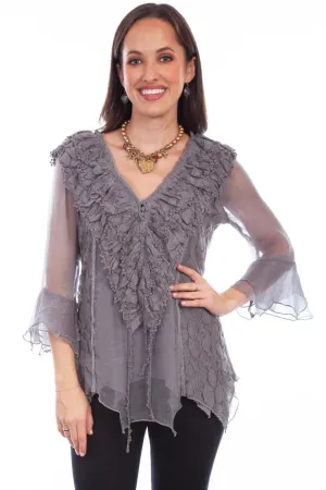 Scully Womens Grey Cotton Blend Double Ruffle S/S Blouse Travel Friendly Scully Womens Grey Cotton Blend Double Ruffle S/S Blouse Flexible Movement