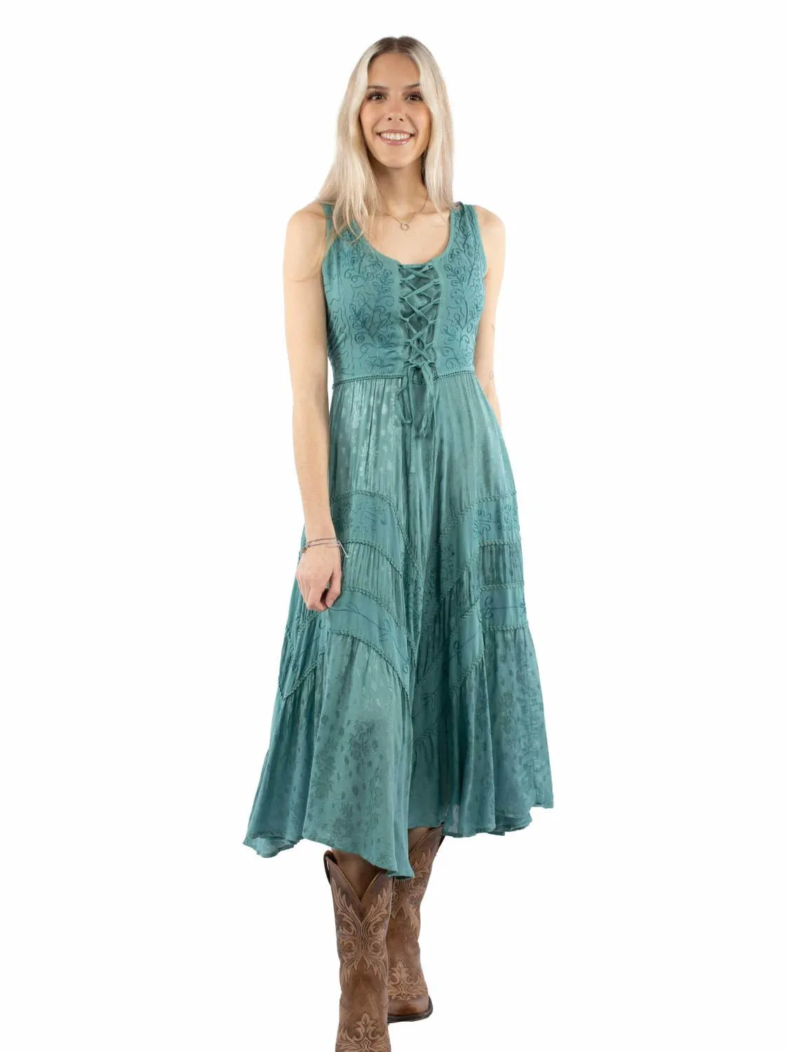 Modern Outfit Flexible Waist Scully Womens Honey Creek Full Length Teal 100% Rayon S/L Dress
