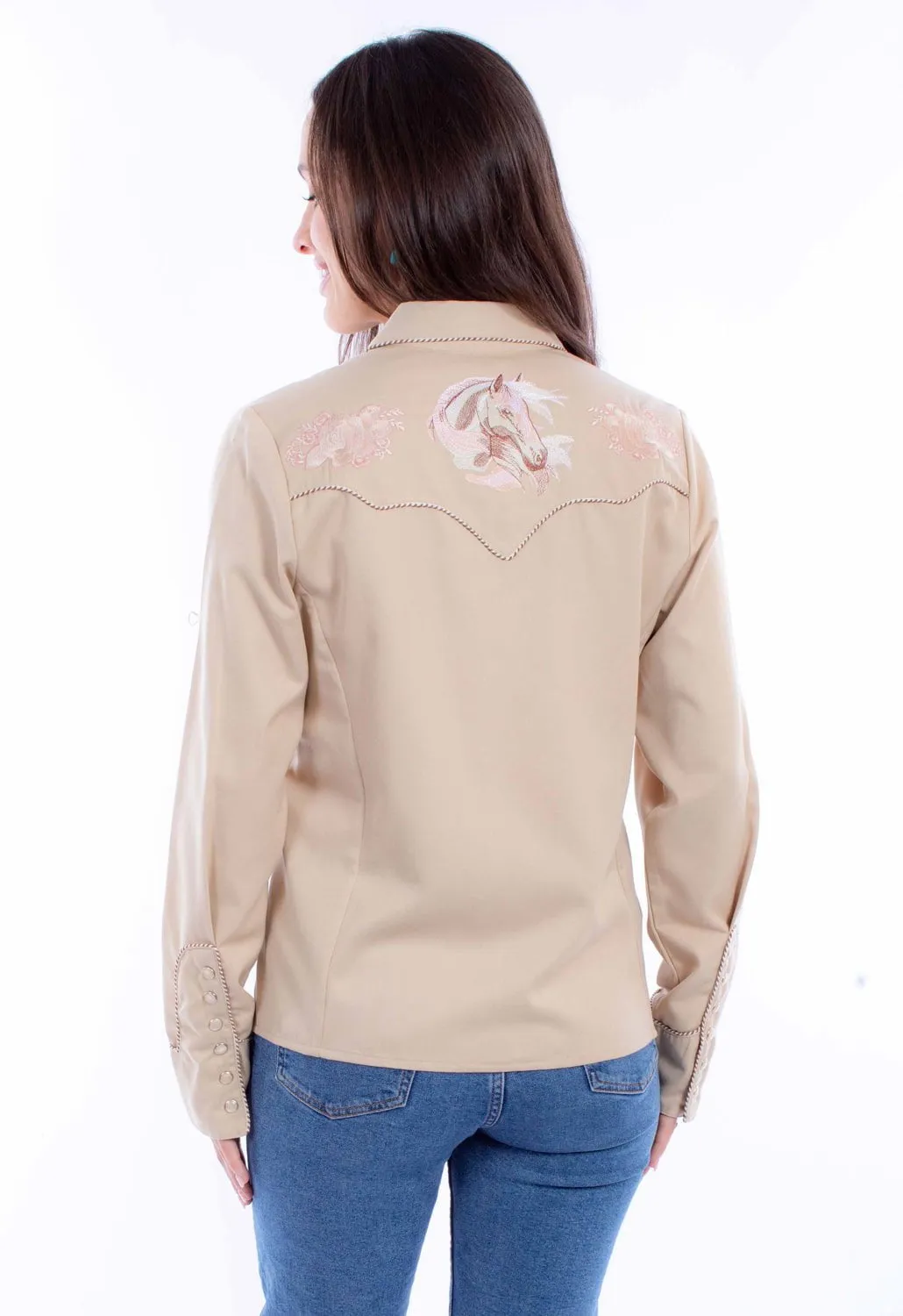 Scully Womens Horse and Rose Tan Poly/Rayon L/S Shirt Ergonomic Sleeve Cut