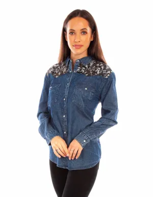 Scully Womens Jacquard Back Denim 100% Cotton L/S Blouse Fashion staples Scully Womens Jacquard Back Denim 100% Cotton L/S Blouse Eco Friendly Dye
