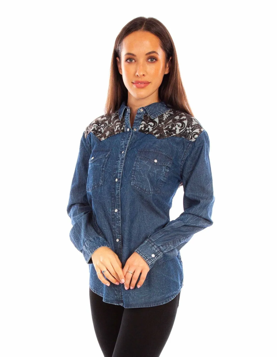 Scully Womens Jacquard Back Denim 100% Cotton L/S Blouse Eco Friendly Dye