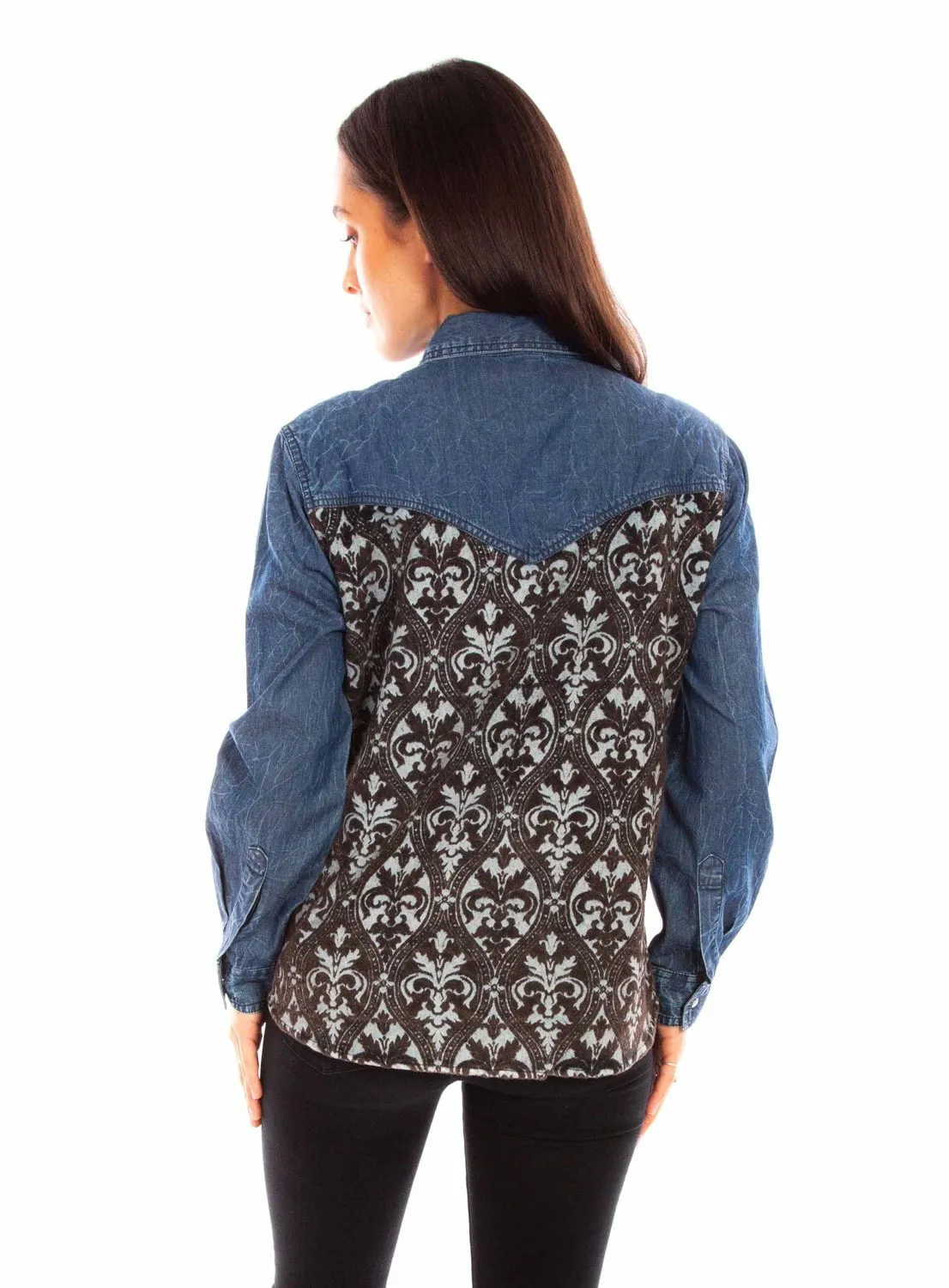 Sporty Style Fashionable Comfort Scully Womens Jacquard Back Denim 100% Cotton L/S Blouse