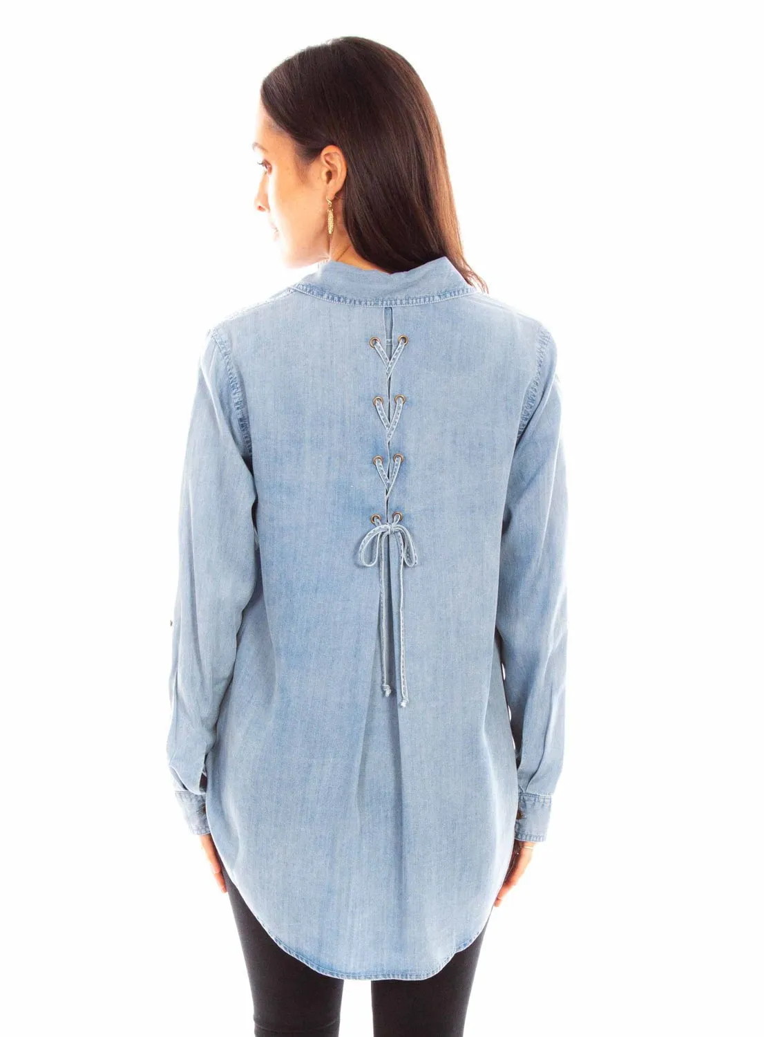Eco Friendly Dye Flexible Knit Scully Womens Lace-Up Hi-Lo Blue 100% Tencel L/S Shirt