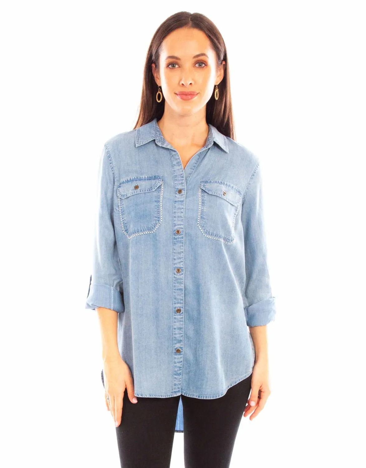 Travel Friendly Scully Womens Lace-Up Hi-Lo Blue 100% Tencel L/S Shirt