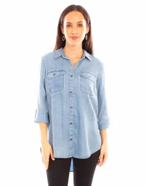 Scully Womens Lace-Up Hi-Lo Blue 100% Tencel L/S Shirt Polished Look Checkered Look Scully Womens Lace-Up Hi-Lo Blue 100% Tencel L/S Shirt