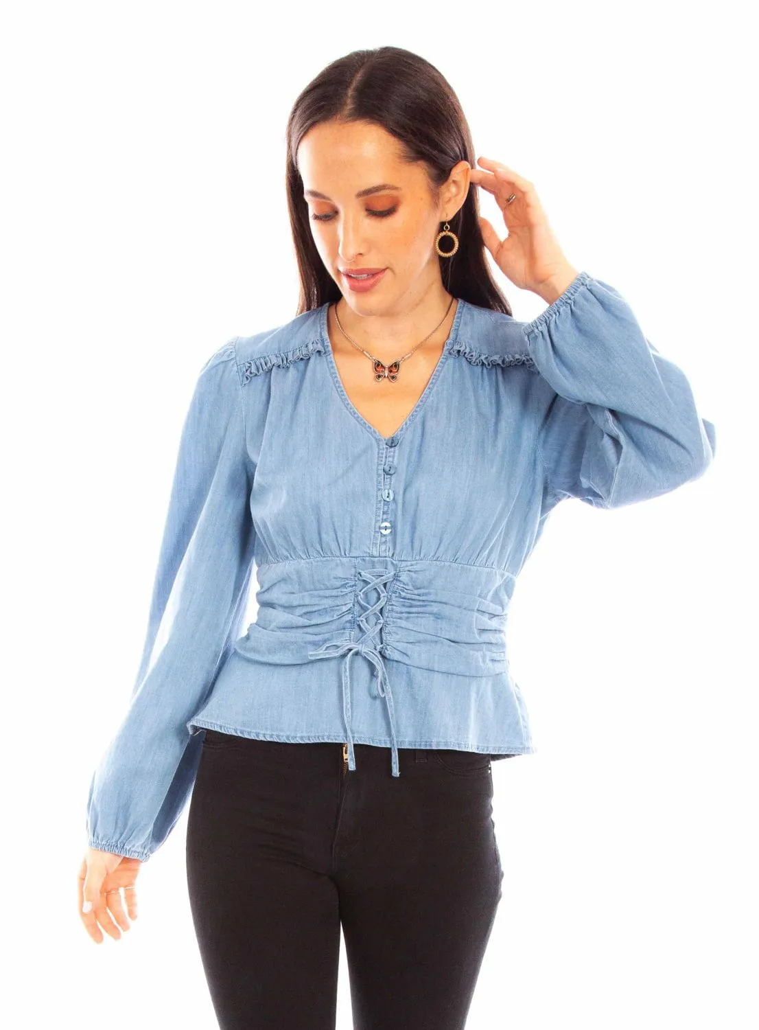 Chic Ensemble Scully Womens Lace-Up Peplum Denim 100% Cotton L/S Blouse