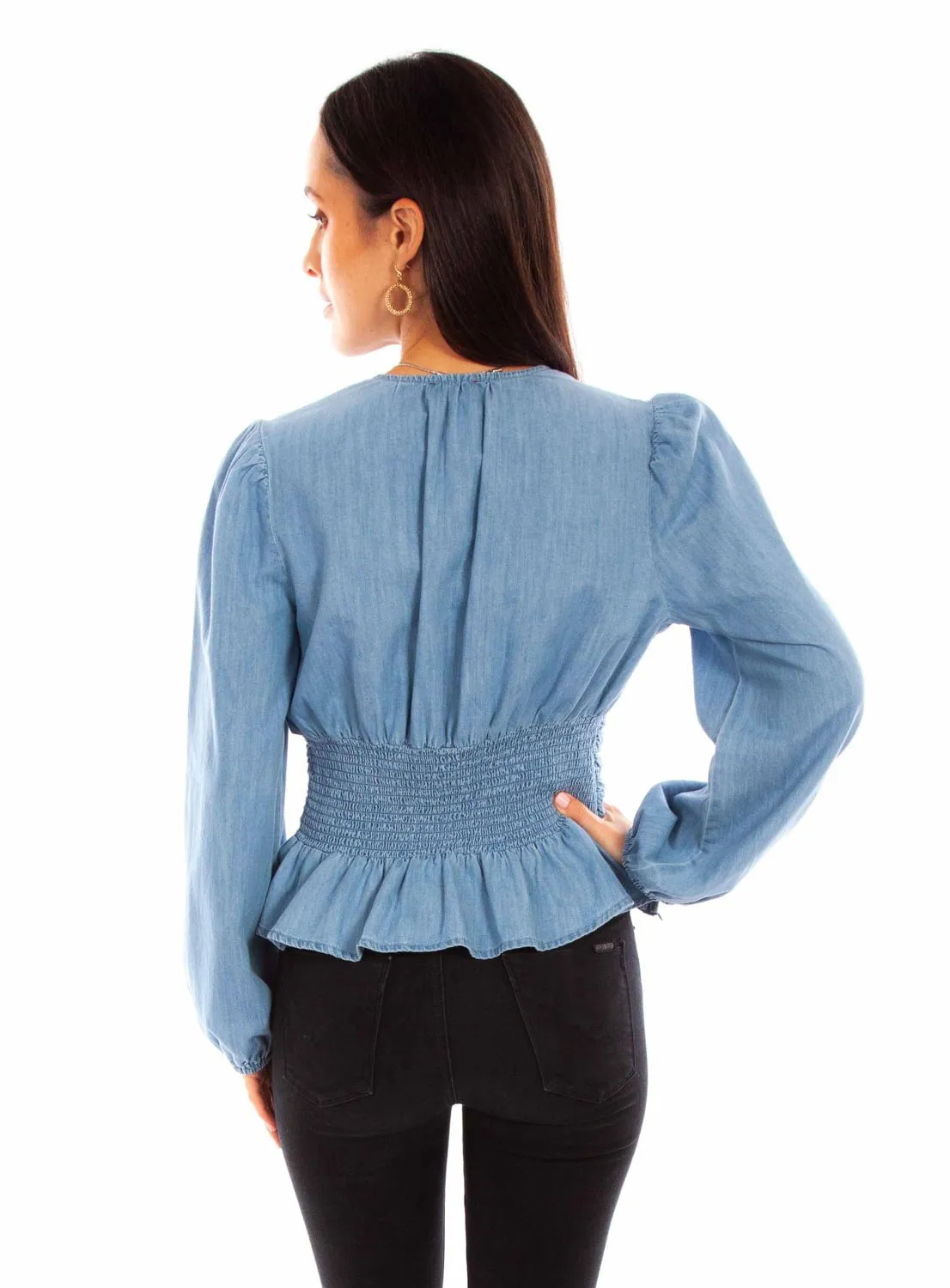 Reinforced Collar Everyday Comfort Scully Womens Lace-Up Peplum Denim 100% Cotton L/S Blouse