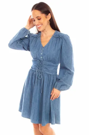 Scully Womens Lace Up Peplum Denim 100% Cotton L/S Dress Seamless Look Stretch Comfort Scully Womens Lace Up Peplum Denim 100% Cotton L/S Dress