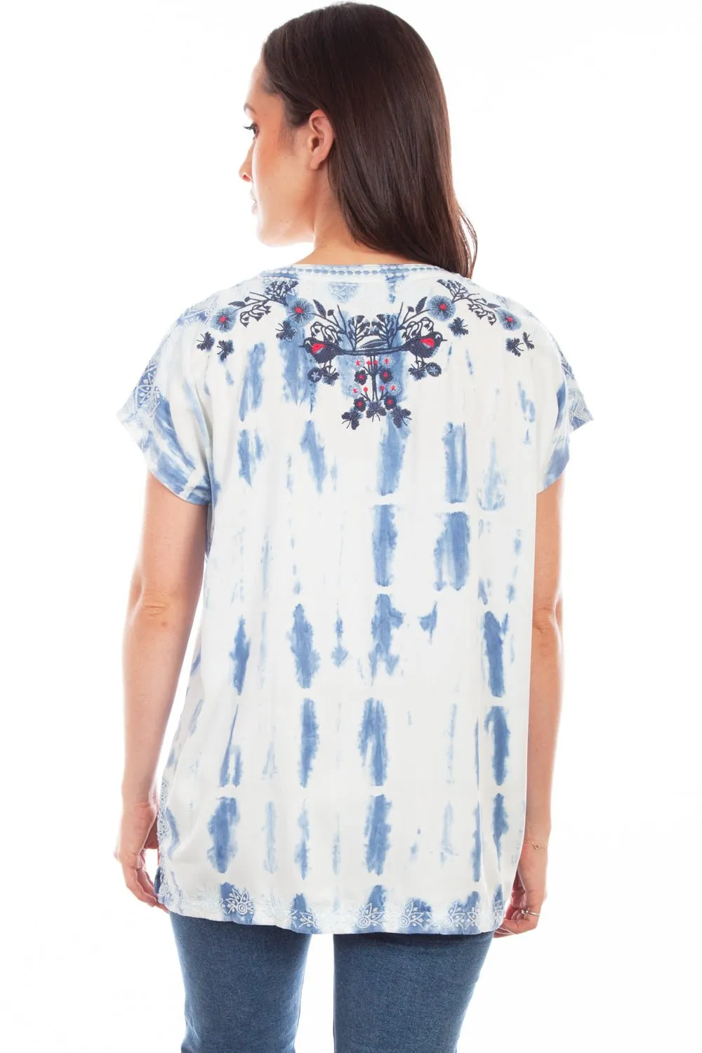 Scully Womens Light Blue Viscose Tie-Dyed Vines S/S Blouse Comfy Wear