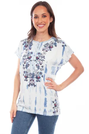 Scully Womens Light Blue Viscose Tie-Dyed Vines S/S Blouse Mesh Lining Scully Womens Light Blue Viscose Tie-Dyed Vines S/S Blouse Sustainable Dye Process Professional Look