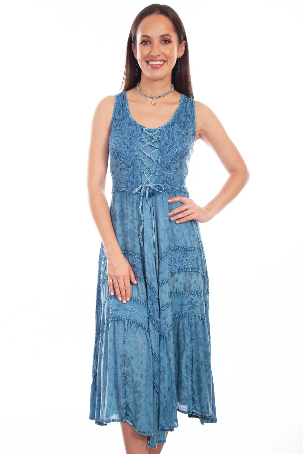 Scully Womens Light Denim Rayon Full Length Lace S/L Dress Morning Stroll Outdoor Adventure Date Night
