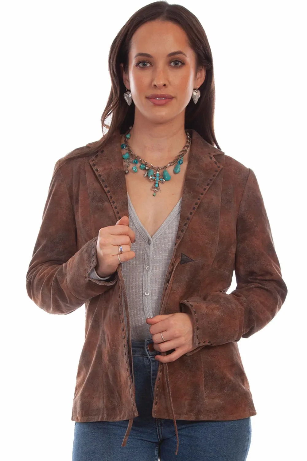 Flexible Waistband Scully Womens Marbled Soft Brown Leather Leather Jacket