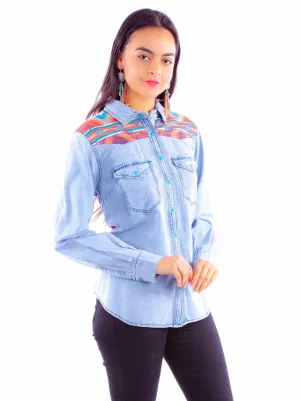 Scully Womens Microfiber Aztec Scene Denim Cotton Blend L/S Shirt Flex Knit Fabric Scully Womens Microfiber Aztec Scene Denim Cotton Blend L/S Shirt Comfy Design Anti Pilling Surface