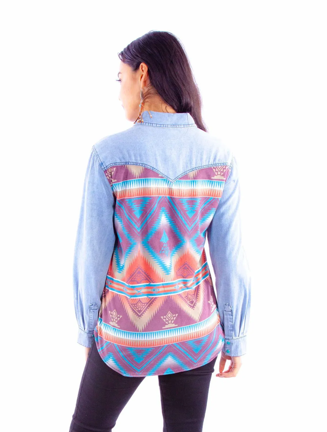 Compact Fold Design Scully Womens Microfiber Aztec Scene Denim Cotton Blend L/S Shirt