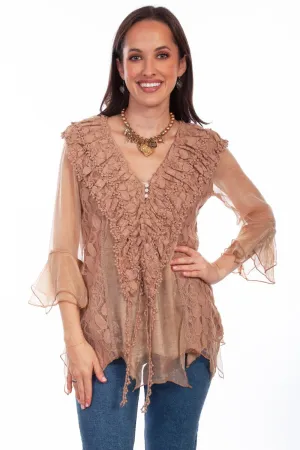 Scully Womens Natural Cotton Blend Double Ruffle S/S Blouse Breathable Mesh Panels Scully Womens Natural Cotton Blend Double Ruffle S/S Blouse Seamless Side Panels Eco friendly materials