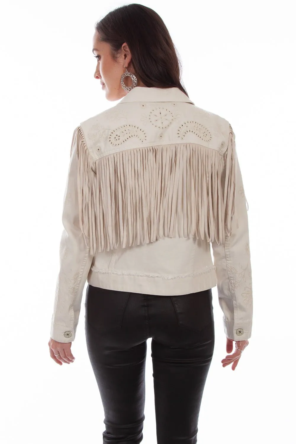 Stretch Fabric Night Out Daily Wear Scully Womens Off White Cotton Blend Fringe Paisley Denim Jacket
