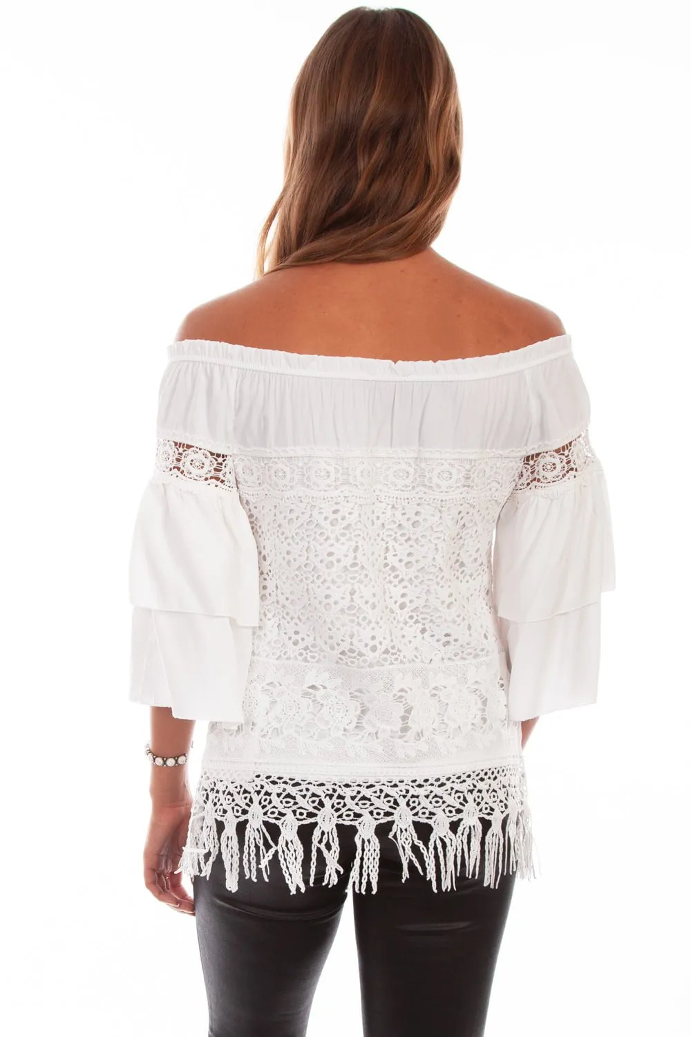 Scully Womens Off White Nylon Double Ruffle S/S Blouse Trendy Look
