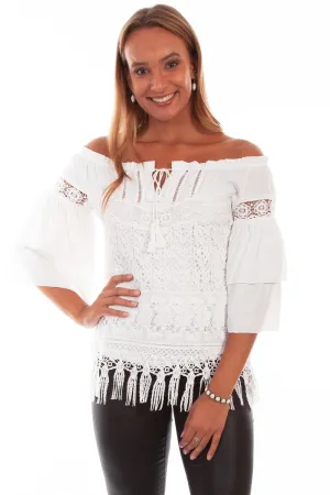 Scully Womens Off White Nylon Double Ruffle S/S Blouse Layering Essential Premium Fabric Scully Womens Off White Nylon Double Ruffle S/S Blouse
