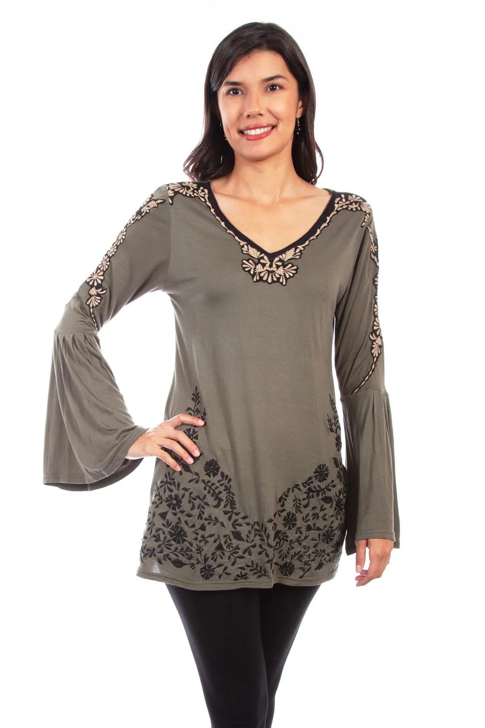 Scully Womens Olive Viscose Floral Tunic L/S Blouse Relaxed Basics