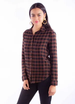 Scully Womens Plaid Button Up Brown Rayon Blend L/S Blouse Metallic Finish Timeless Appeal Scully Womens Plaid Button Up Brown Rayon Blend L/S Blouse