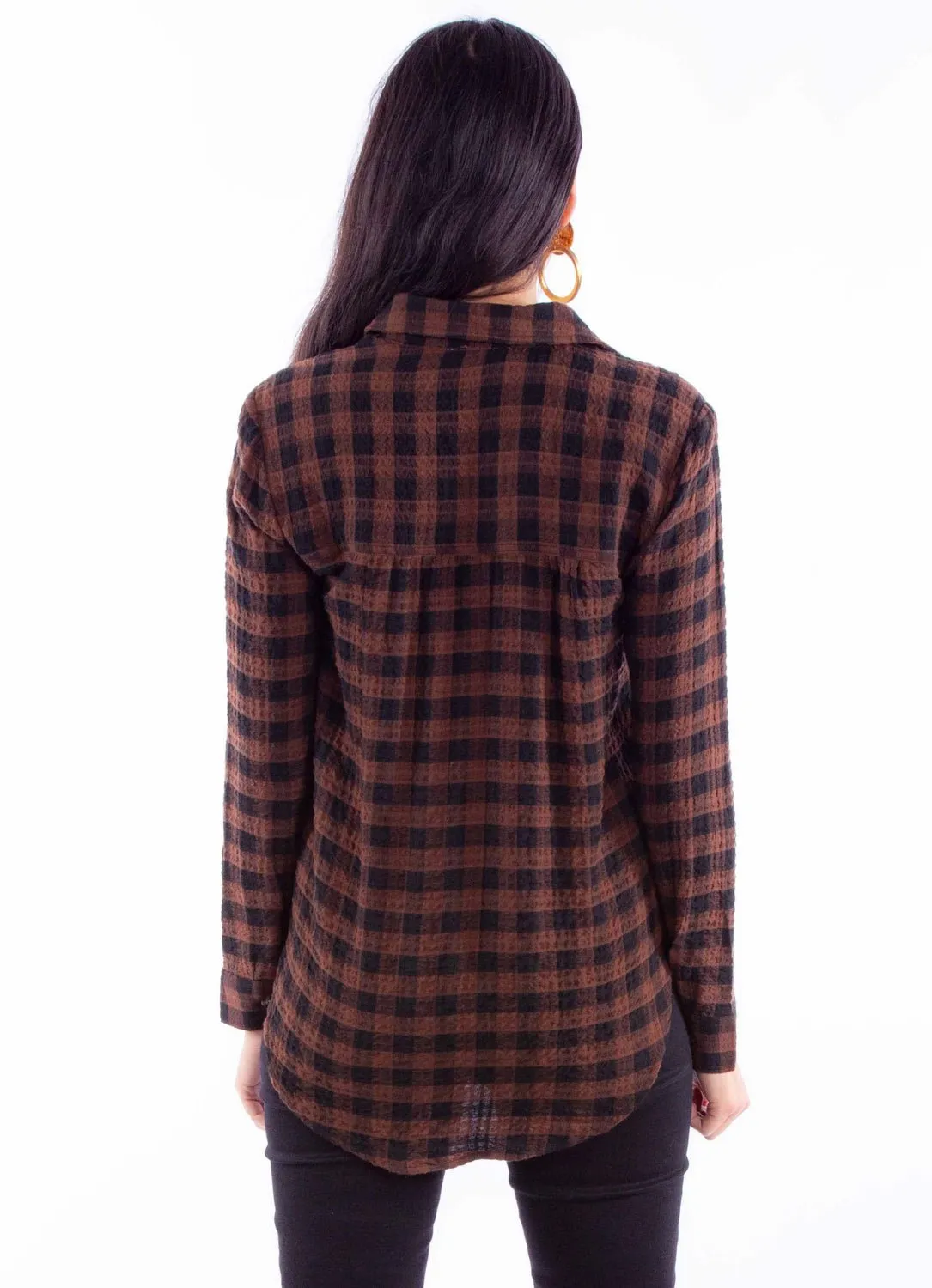 Relaxed Silhouette Scully Womens Plaid Button Up Brown Rayon Blend L/S Blouse