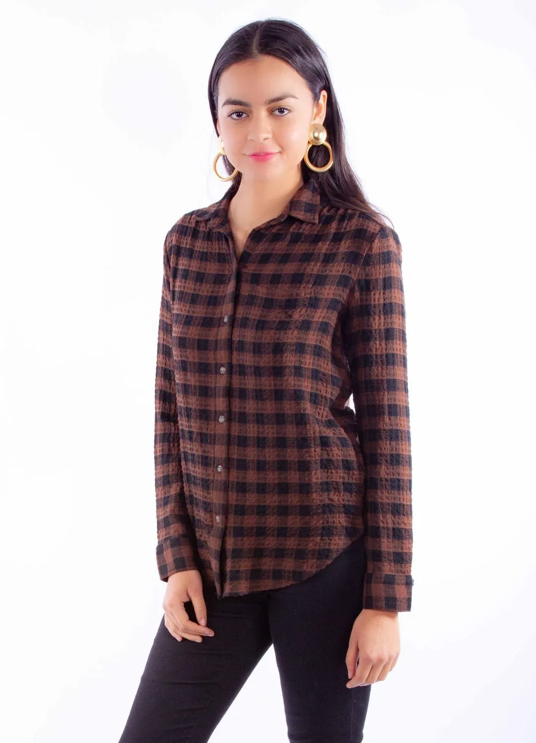 Wrinkle-Resistant Smooth Zipper Design Scully Womens Plaid Button Up Brown Rayon Blend L/S Blouse