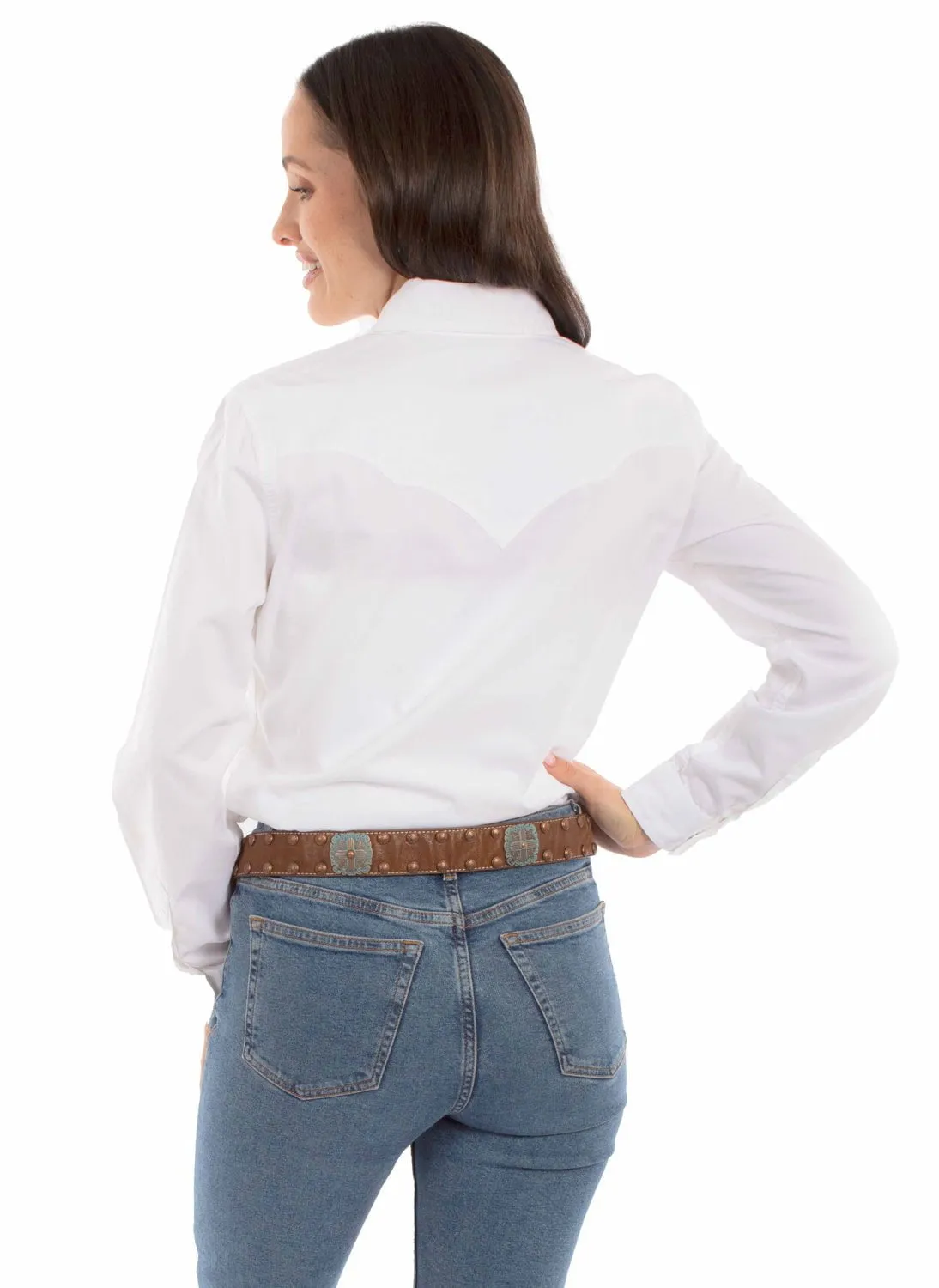 Scully Womens Plain Western White 100% Cotton L/S Shirt Cruise Collection Everyday Essential