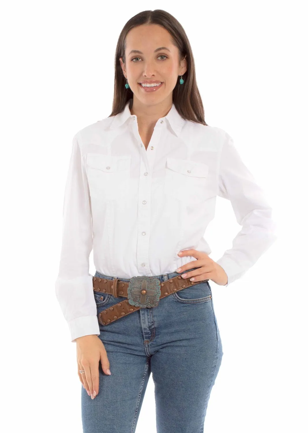 Scully Womens Plain Western White 100% Cotton L/S Shirt tall size