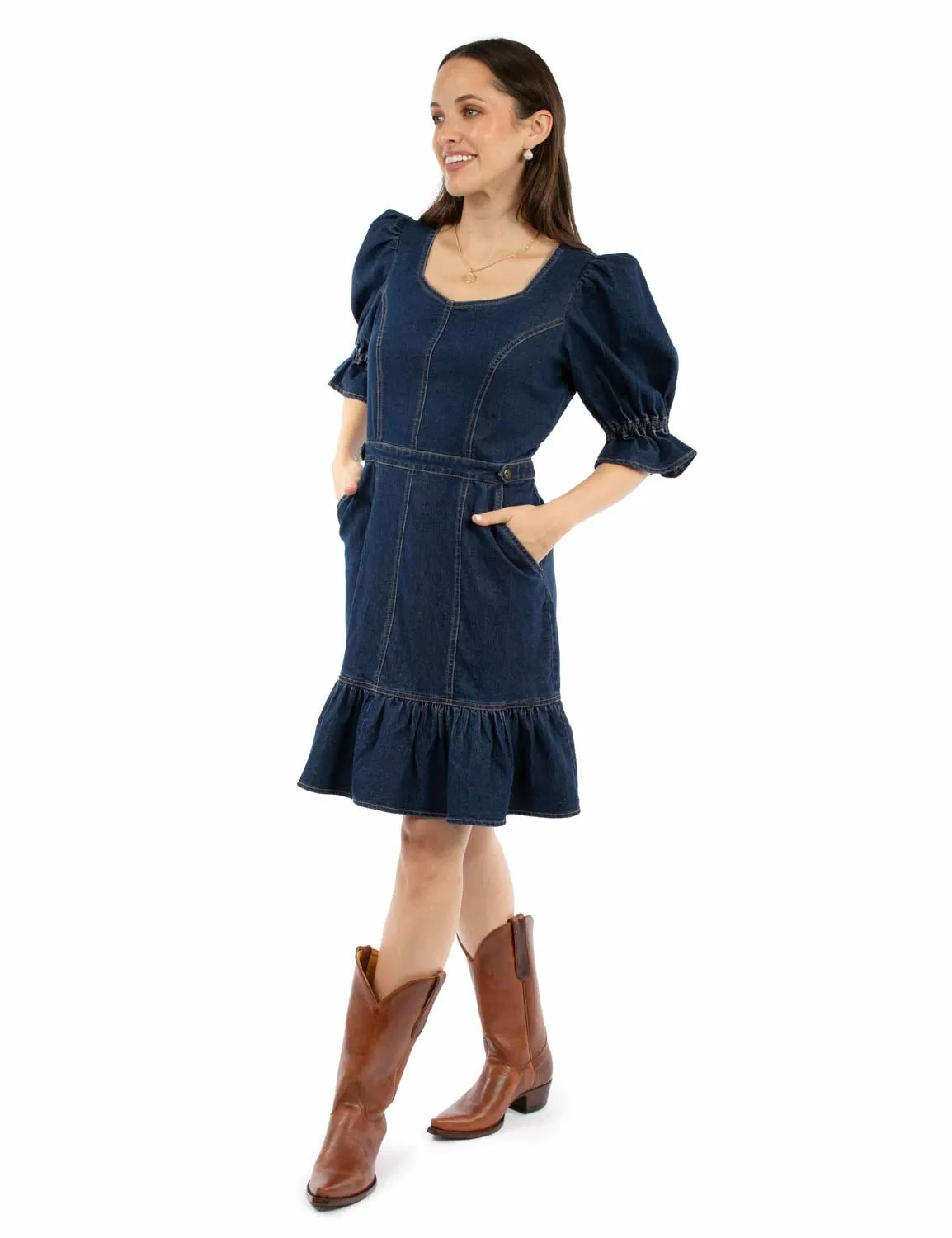 Scully Womens Puff Sleeve Zip Back Denim Cotton Blend S/S Dress Active Ready