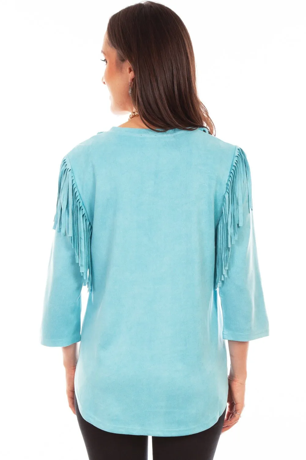 Scully Womens Pullover Fringe Turquoise Poly/Spandex S/S Tunic Double Stitched Hems