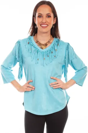 Scully Womens Pullover Fringe Turquoise Poly/Spandex S/S Tunic Fashionable picks Scully Womens Pullover Fringe Turquoise Poly/Spandex S/S Tunic Reinforced Side Vents
