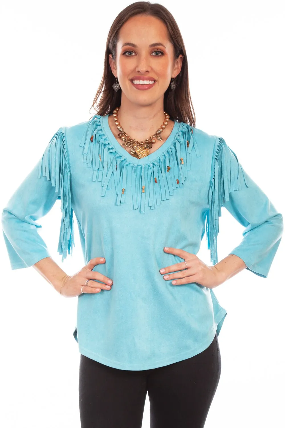 Scully Womens Pullover Fringe Turquoise Poly/Spandex S/S Tunic Bamboo Fiber Blend