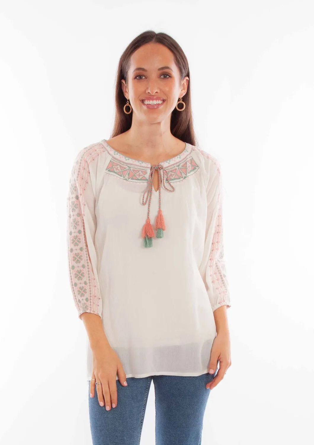Edgy style Perfect Wear Scully Womens Pullover Scoop Neck Ivory 100% Cotton 3/4 Sleeve S/S Tunic